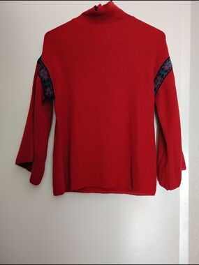 Signature by Sangria Red Ribbed Mock Neck Sweater with Contrast Shoulder Panels